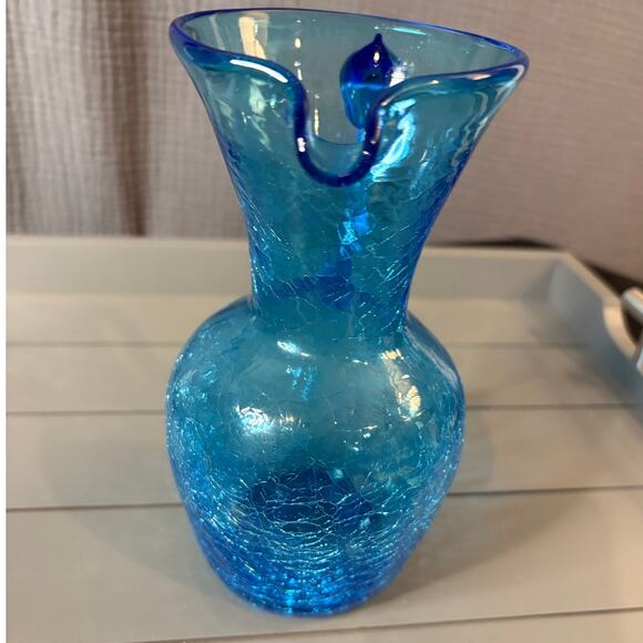 Blue Crackle Glass. Pitcher 7" hand Blown - Picture 3 of 6